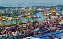 Cargo ships and containers are piled up in Singapore due to shelling in the Red Sea